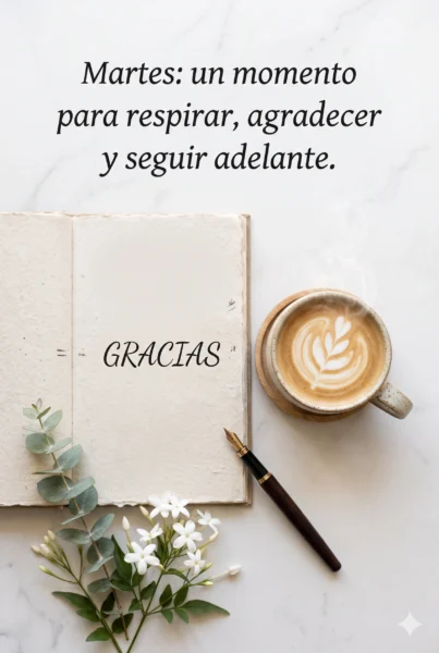 Imagen estética de café y libreta con frase de reflexión para un feliz martes