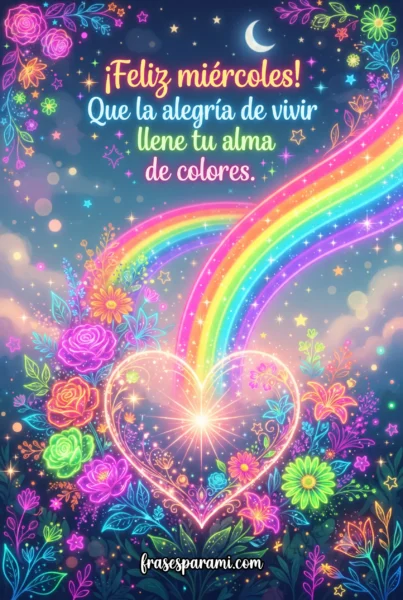 Postal ilustrada con arcoíris y mensaje de feliz miércoles alegre
