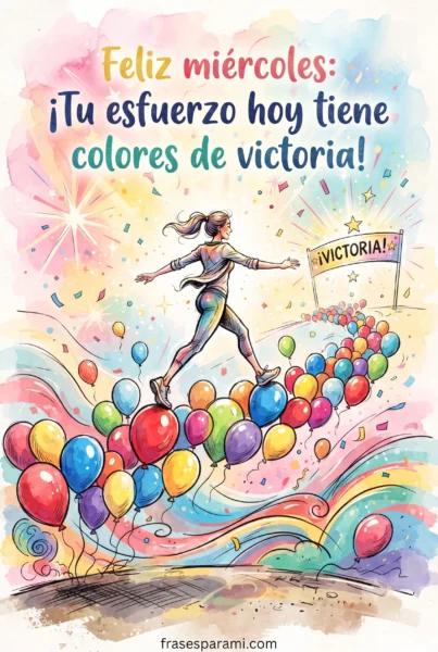 Postal motivadora de feliz miércoles con globos y colores vibrantes
