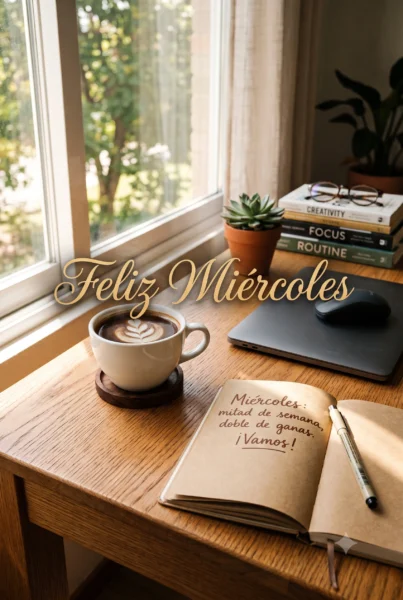 Imagen de café y frase motivadora para un miércoles con energía