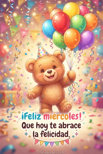 Postal ilustrada con osito tierno y globos para un feliz miércoles lleno de felicidad