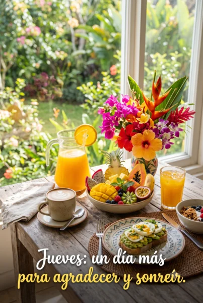 Imagen de desayuno colorido con frase de feliz jueves para WhatsApp