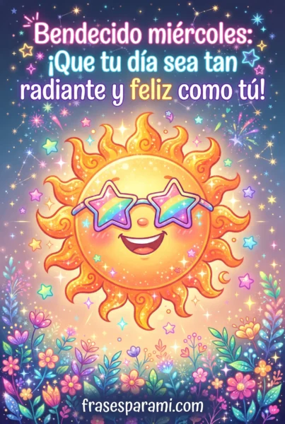 Tarjeta con sol radiante y frase de feliz miércoles para contagiar felicidad