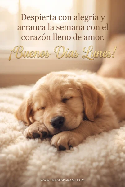 Cachorro tierno con texto de buenos días lunes para desear un feliz día lunes.