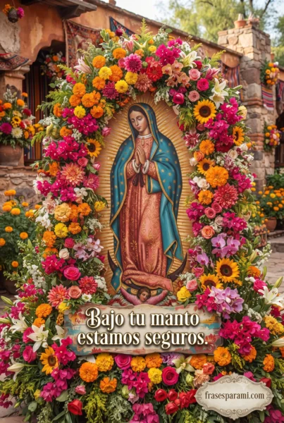 La Virgen de Guadalupe rodeada de flores típicas y coloridas