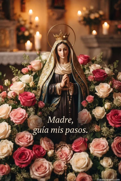 Virgen de Guadalupe rodeada de rosas para compartir en redes