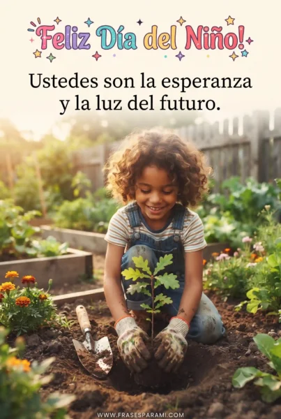 Imagen de niño plantando árbol con frase de esperanza
