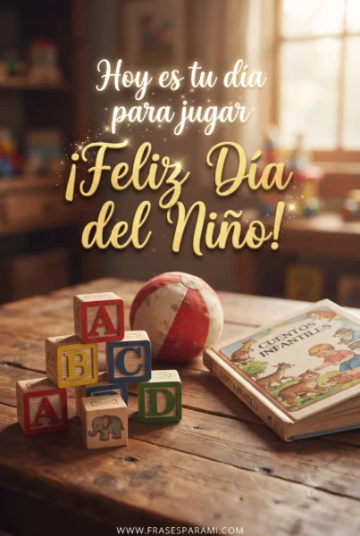 Imagen de juguetes con frase sobre jugar y divertirse
