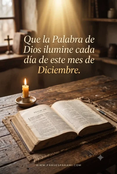 Imagen con Biblia abierta y mensaje cristiano para diciembre