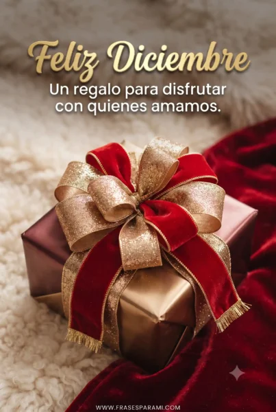 Postal de diciembre con un regalo y mensaje positivo