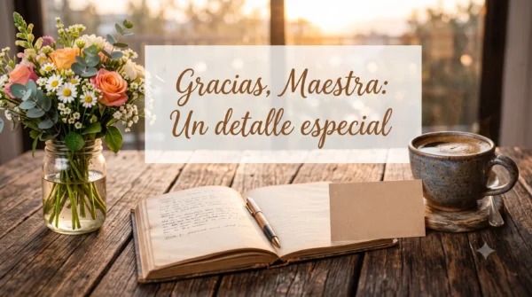 Escritorio con flores y tarjeta para agradecer a una maestra