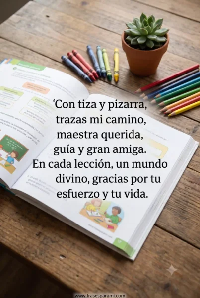 Poema corto de agradecimiento para maestra de primaria con libros y material escolar