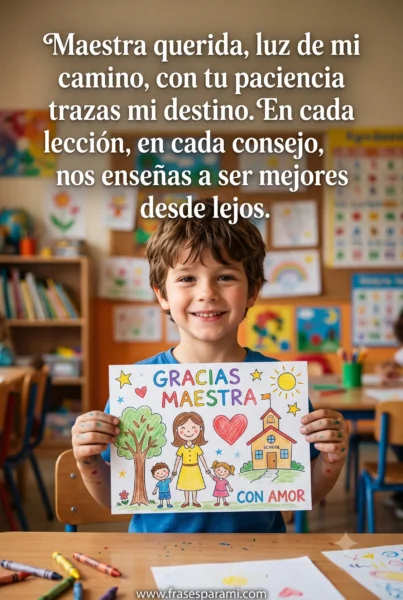 Niño entregando dibujo y poema a su maestra de preescolar