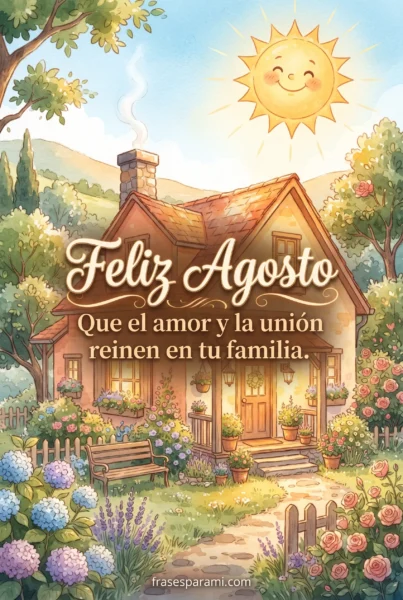 Tarjeta con mensaje de bienvenido agosto para la familia