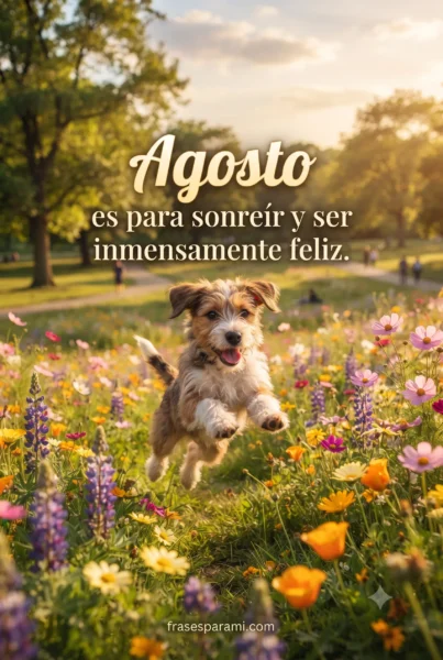 Postal alegre de feliz agosto con perrito saltando