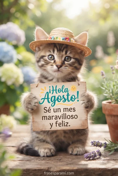 Postal de hola agosto con gatito tierno y alegre