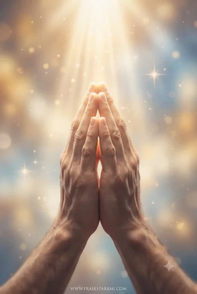 Imagen vertical de manos en oración bajo luz sagrada