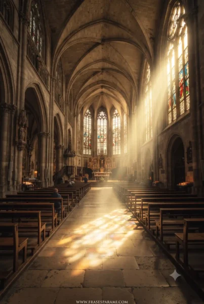 Imagen vertical sin texto del interior de una iglesia con luz sagrada