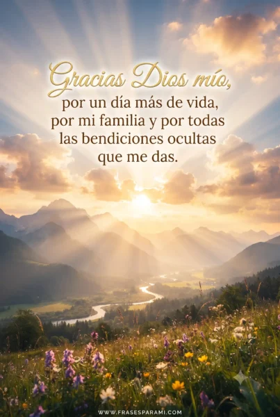 Imagen vertical tipo postal con amanecer luminoso y mensaje de agradecimiento a Dios