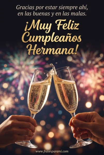 Postal vertical de celebración con copas y luces nocturnas para hermana