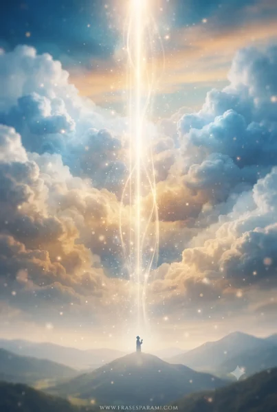 Imagen vertical de luz sagrada descendiendo entre nubes