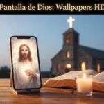 Imagen destacada horizontal de temática cristiana con iglesia y celular para portada