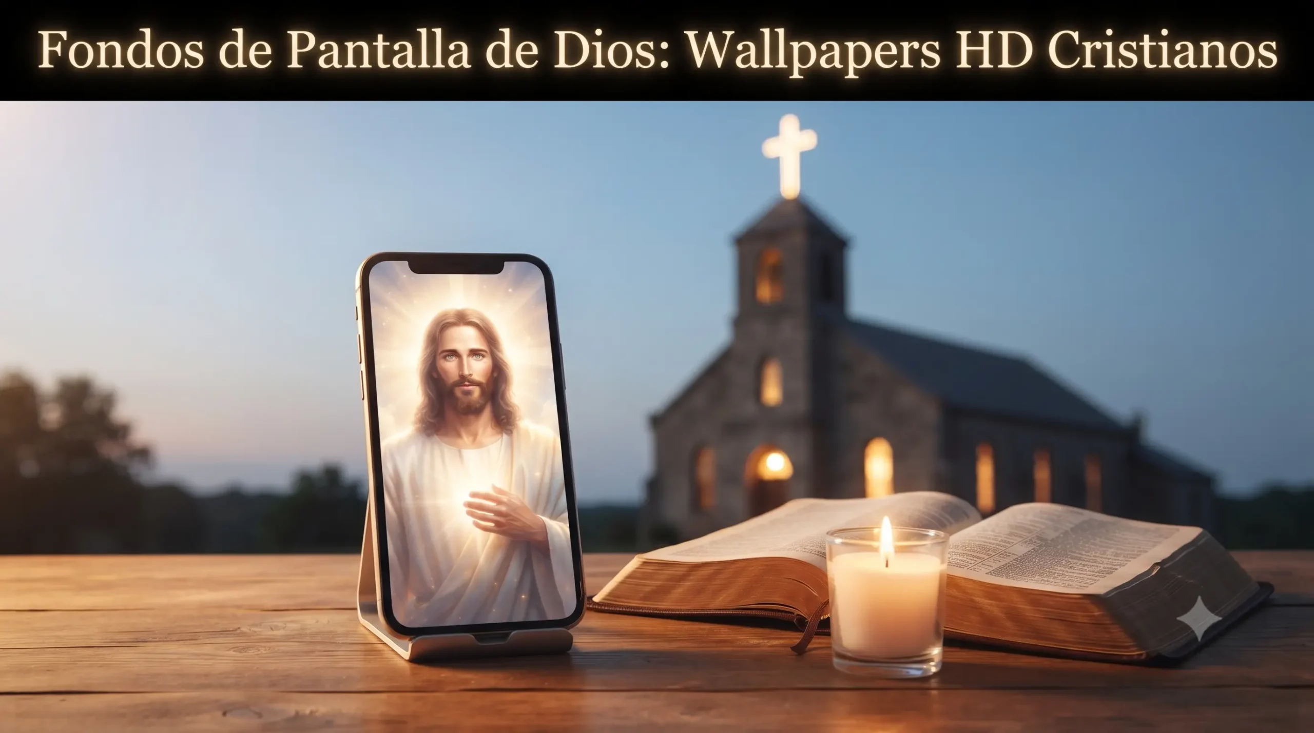 Imagen destacada horizontal de temática cristiana con iglesia y celular para portada