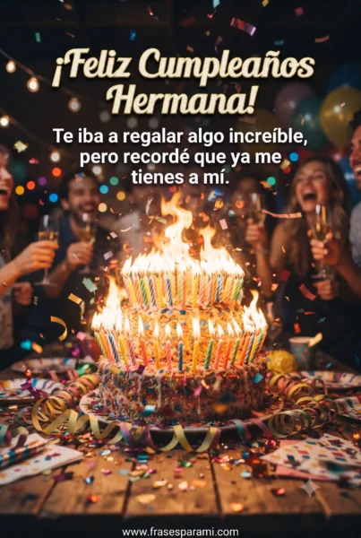 Postal vertical divertida de cumpleaños con exceso de velas para hermana