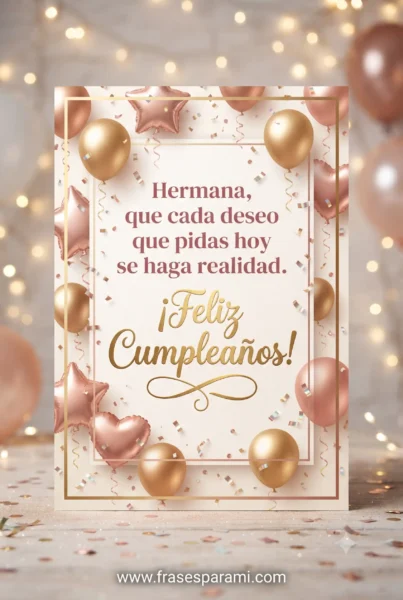 Postal vertical de cumpleaños con globos y confeti para hermana