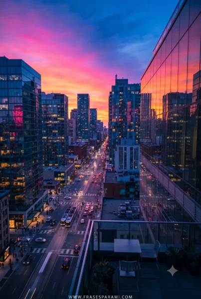 Puesta de sol urbana con reflejos en edificios en formato vertical