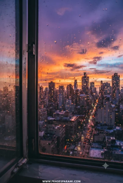 Puesta de sol en la ciudad vista desde una ventana con lluvia