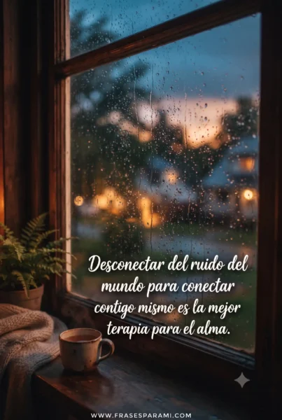 Frase sobre desconexión del mundo y paz mental en imagen