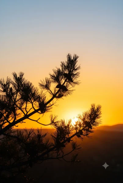 Vista vertical de puesta de sol tras la silueta de un árbol