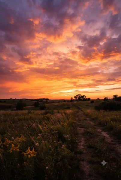 Fotografía vertical de atardecer natural en pradera abierta