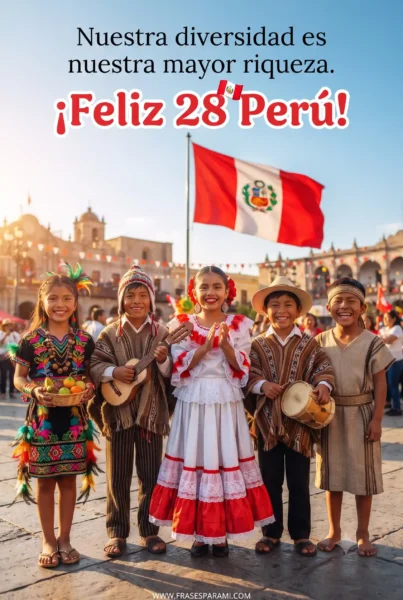 Niños con trajes típicos peruanos celebrando las Fiestas Patrias de Perú