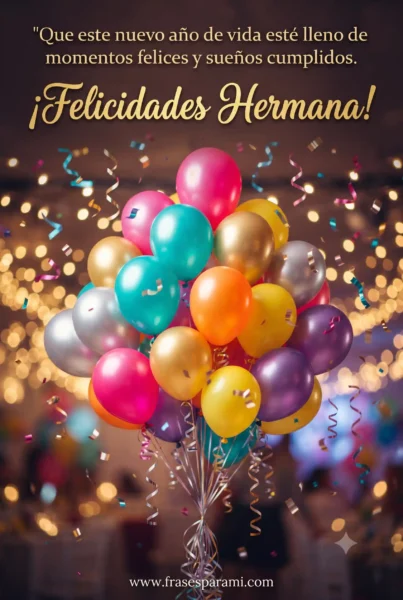 Imagen vertical festiva con globos y luces para felicitar a una hermana