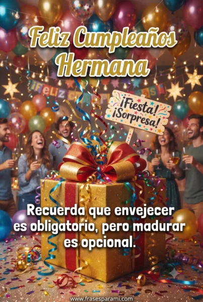 Imagen vertical festiva y divertida de regalo y globos para hermana