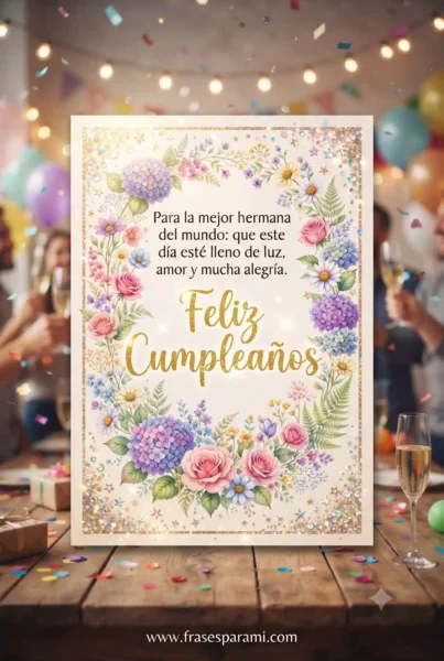 Imagen vertical tipo postal floral para felicitar a una hermana
