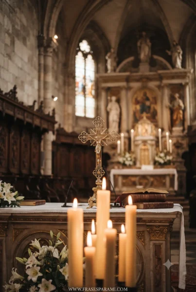 Imagen vertical sin texto de altar de iglesia con velas y cruz