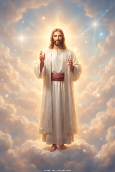 Imagen vertical de Jesús con luz celestial y fondo sagrado