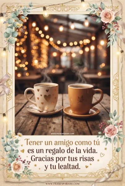 Postal vertical alegre con tazas de café y frase de agradecimiento