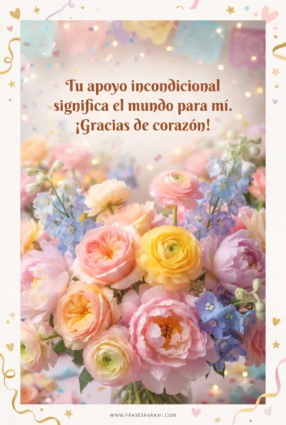 Postal vertical alegre con flores y frase de agradecimiento