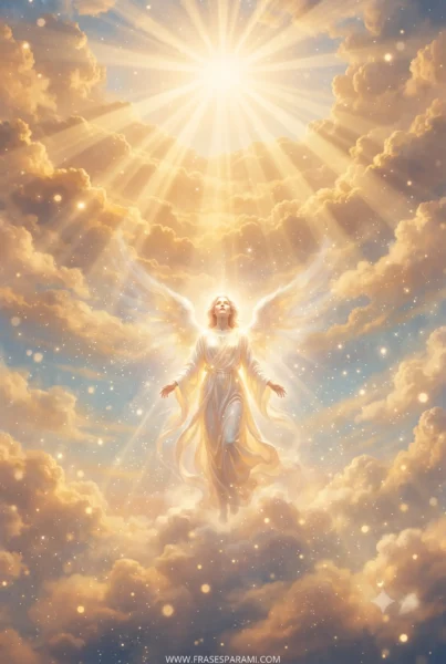 Imagen vertical de ángel luminoso con alas y cielo celestial