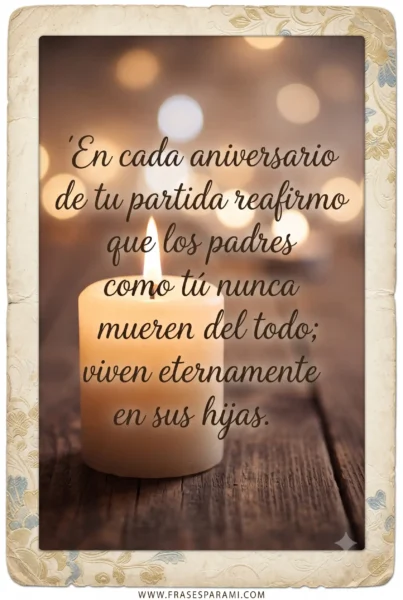 Postal vertical con vela encendida y frase de aniversario para un padre fallecido