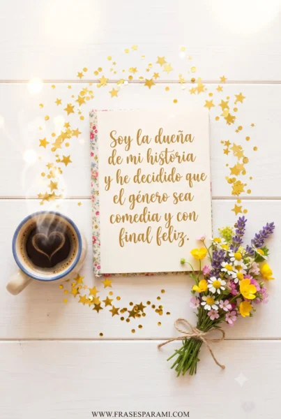Composición vertical con cuaderno, confeti y flores celebrando la vida para WhatsApp