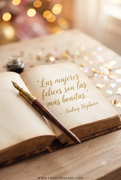 Imagen vertical de libro abierto con frase célebre y ambiente festivo.