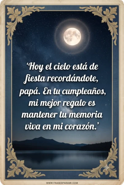 Imagen vertical tipo postal con cielo nocturno y frase de cumpleaños para papá fallecido