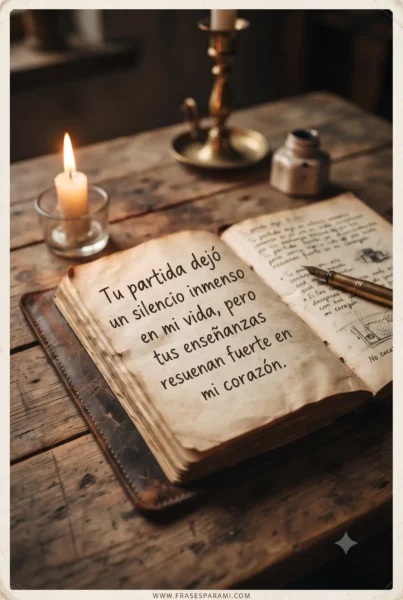 Postal vertical con libro antiguo y frase emotiva para un padre fallecido