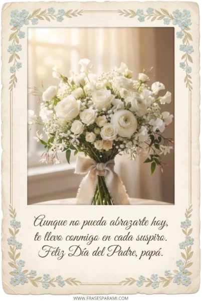 Postal vertical con flores blancas y frase de feliz día del padre en el cielo