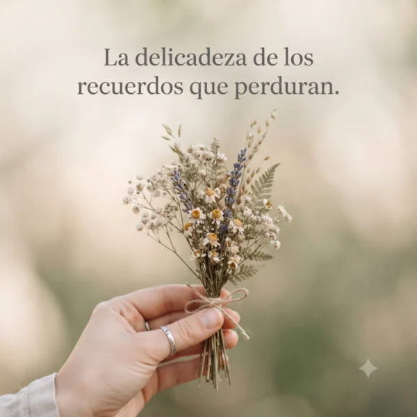 Imagen cuadrada 1:1 con mano sosteniendo flores secas y fondo difuminado para perfil de WhatsApp.